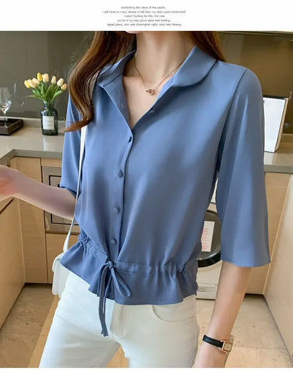 Summer Women All-match Solid Turn-down Collar Half Sleeve Chiffon Shirt Fashion Casual Shirring Single-breasted Blouses Female.