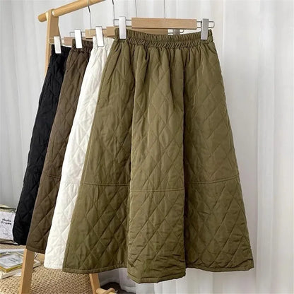 Autumn Winter Cotton Quilted Skirt Warm Womens A-line Faldas Vintage Thicken High Waist Saias Korean Fashion Knee-length Skirts.