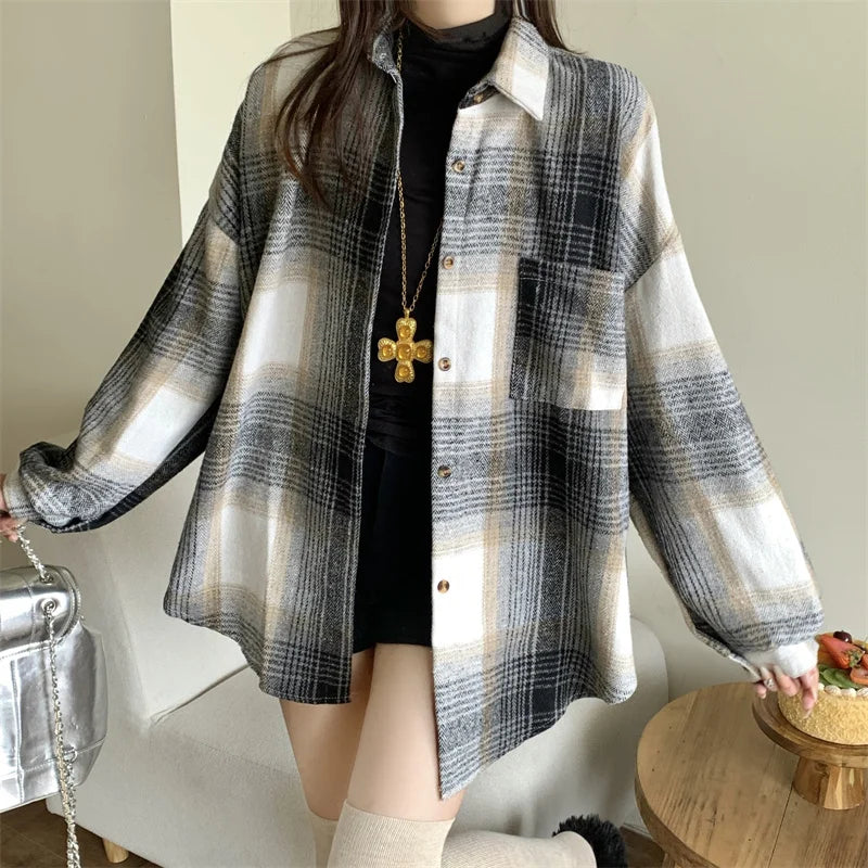 Zjaiss Women Thick Woolen Plaid Blouse Loose Long Sleeved Tops 2025 Autumn Winter New Casual Shirt Long Shirts