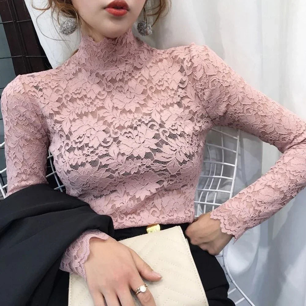 Stretch Floral Lace Petal Sleeve Shirt Women's Long Sleeved S-3XL T Shirt Ladies Perspective Blouse Tops Sexy Lace Tees Clothing.