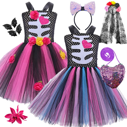 Halloween Kinder Kleid Cosplay Herz druck Skelett Kostüme Mädchen Blumen Schädel Tutu Kleidung Kinder Karneval Leistung Outfits