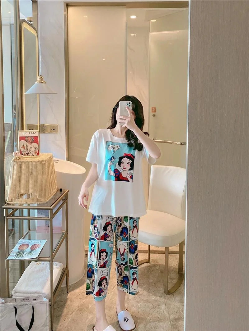 Sommer Pooh Bär Nachtwäsche frauen Lose Bequeme Cartoon Print Hause Kleidung Set Kurzarm Nachthemd Mickey Pyjama Set