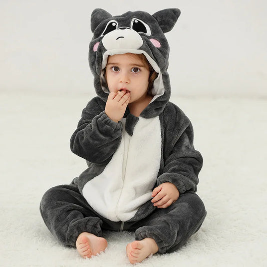 Graue Katze Stram pler Baby Junge Mädchen Pyjama Neugeborene Bebe Kleidung niedlichen Body suits Flanell warme einteilige Winter Halloween Tier Outfit