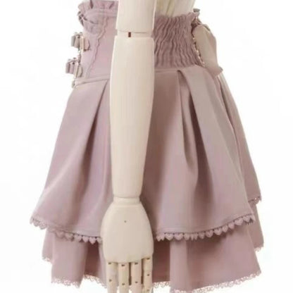 Jirai Kei Sweet Lolita Skort 2024 Summer - Double Bowknot High Waist Short Skirt with Leather Buckle Slim Fit Adjustable Waist.