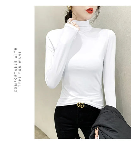 Schwarz Rollkragen T-shirt Langarm Tops Frauen Y2k Kleidung Herbst Winter Koreanische Mode Modale Elegante T-shirts für Frauen 2024