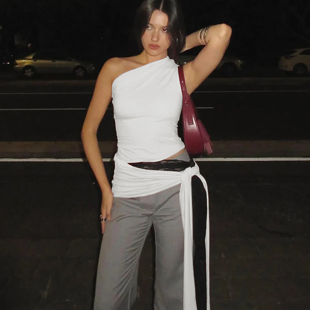 Cryptographic One Shoulder Solid Lace Up Tops Summer Y2K Outfits Sexy Backless Sleeveless Crop Tank Coquette Streetwear Clothes.