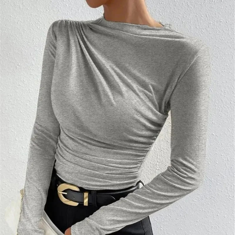 New Pure Color Folded High Collar Slim Fit Long Sleeve T-Shirt Grey Autumn Winter Versatile Design Base Layer Women's Top.