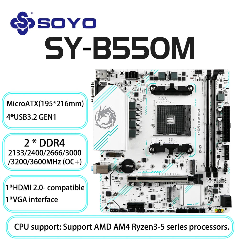 SOYO AMD B550M Gaming Motherboard USB3.1 M.2 Nvme Sata3 DDR4 Dual Channel Supports RYZEN R3 R5 R7 3000 4000 5000 CPU AM4 Socket.