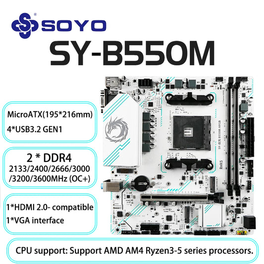 SOYO AMD B550M Gaming Motherboard USB3.1 M.2 Nvme Sata3 DDR4 Dual Channel Supports RYZEN R3 R5 R7 3000 4000 5000 CPU AM4 Socket.