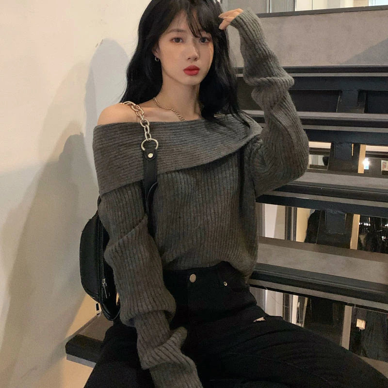 Lucyever Slash Neck Strick pullover Frauen sexy schulter freie Langarm pullover weibliche koreanische elegante verdicken schlanke Pullover Top.