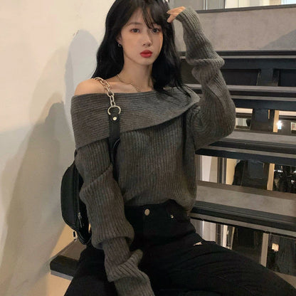 Lucyever Slash Neck Strick pullover Frauen sexy schulter freie Langarm pullover weibliche koreanische elegante verdicken schlanke Pullover Top.