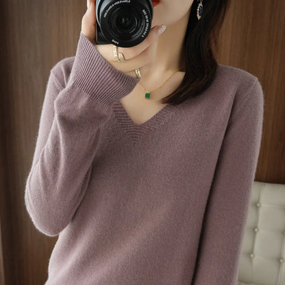 Neue Kaschmir frauen V-ausschnitt Pullover Spitze Neck Aushöhlen Design Beiläufige Gestrickte Lange Hülse frauen Pullover Herbst Und winter
