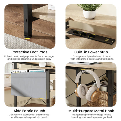 Eckschreibtisch mit Doppelablage L-förmig Computer Tisch mit Regal und Haken höhenverstellbar 140cm