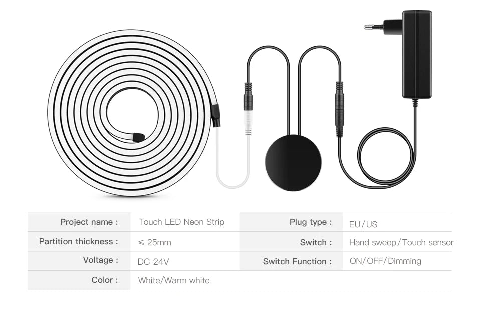 24V LED Strip High Quality Black Silicone LED Neon Light Tube Touch Motion Sensor Switch DIY Kitchen Cabinet Bedroom Backlight.
