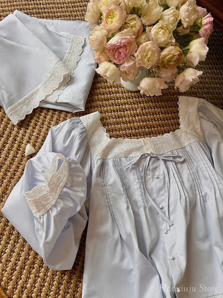 Sweet Spring Autumn Pure Cotton Women's Long Sleeve Pajama Set Loose Female Sleepwear Suits Royal Pyjama Home Wear Plus Size.