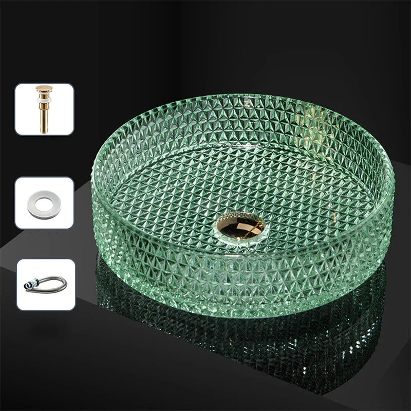 Luxuriöses Waschbecken aus Kristallglas, Badezimmer-Waschbecken, rosa Arbeitsplatte, Kunstbecken, rundes Mini-Schüsselbecken, Waschraum-Waschbecken mit Wasserhähnen