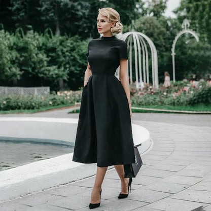 2022 frauen Elegante Schwarz Kleid der Halben Hohe Kragen Hohe Taille A-linie Kleider Slim Fit Midi Kleid Büro Dame Weibliche Feste vestidos.