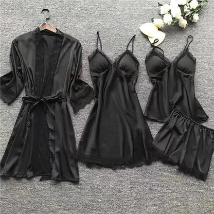 4PCS Nachtwäsche Pyjamas Set Seide Frauen Nachthemd Spitze Kleid Robe Schlaf Nachtwäsche Seide Einfarbig Pijama Sets