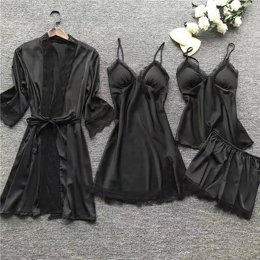 4PCS Nachtwäsche Pyjamas Set Seide Frauen Nachthemd Spitze Kleid Robe Schlaf Nachtwäsche Seide Einfarbig Pijama Sets
