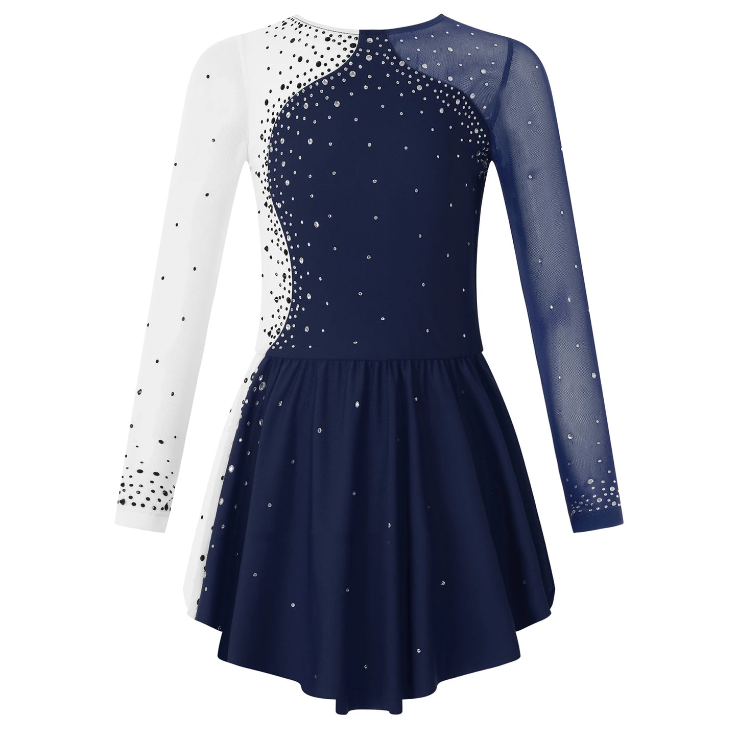 6-16Y Mädchen Eiskunstlauf Tanz Kleid Ballett Gymnastik Trikot Langarm Shiny Strass Sheer Mesh Leistung Dancewear