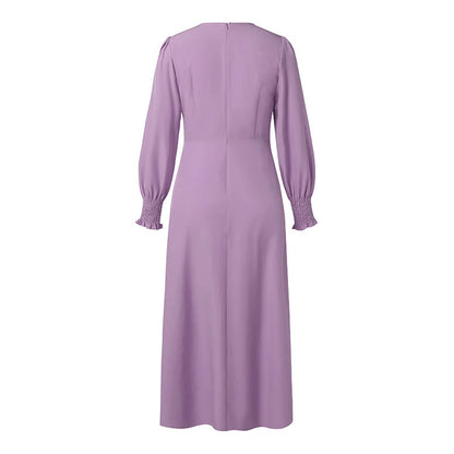 ZANZEA Elegantes Damen-Plisseekleid, edel, gesmokte Bündchen, langärmelig, O-Ausschnitt, Fit und Flare, lang, Vestidos, Pendeln, solide Party-Roben