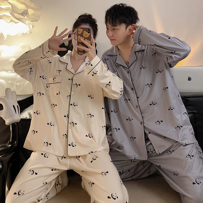 Pajamas Women Pajama Man Set Cotton Plus Size Spring Autumn Long-sleeved Korean Cardigan Casual V-neck Nightwear Couple Pyjamas.