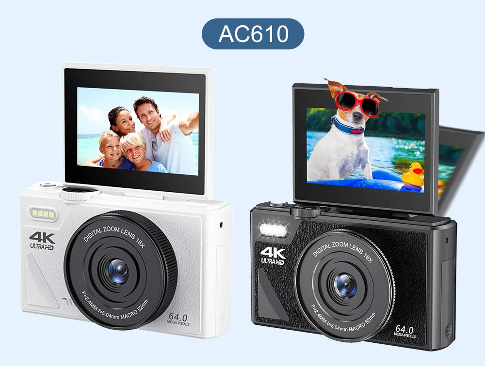 Ourlife AC600 Digital Camera 4K 64MP UHD Cameras 18X Digital Zoom 180° Flip Screen Vintage Vlogging Camera for YouTube Autofocus.