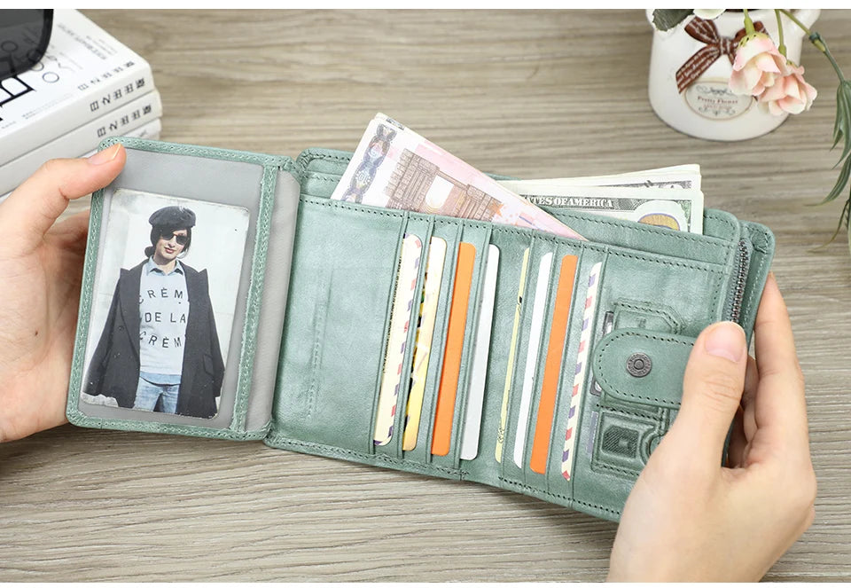 Contact'S Genuine Leather Wallets Women Men Wallet Short Small RFID Blocking Card Holder Wallets Ladies Red Coin Purse