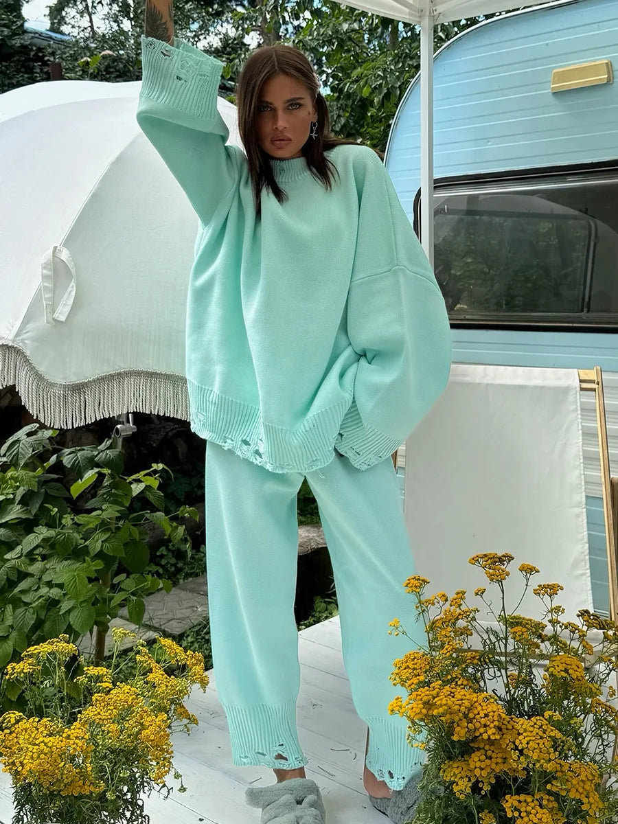 Bornladies Autumn Winter Women's New Turtleneck Knit Sweater Skinny Knit Pants Set Soft Oversized Ripped Hem Fashion Pullover.