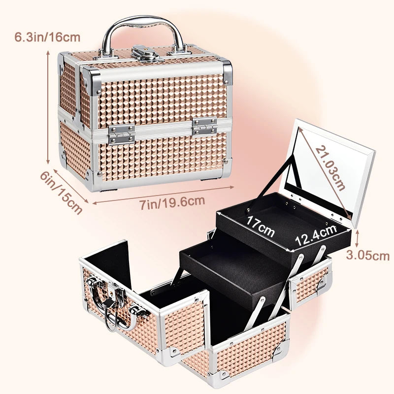 Makeup Case Portable Lock Alloy Unicorn Cosmetic Jewelry Nail Hair Accessories Storage Box with Mirror 2 Trays Make-up Suitcase.