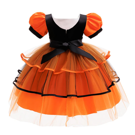 Orangefarbenes Halloween-Kinderkleid für 2–10 Jahre, Polyestermaterial, Puffärmel und mehrlagiger Tüllrock, süße Prinzessinnenkleidung