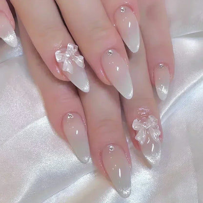 White Glitter Powder Bowknot Long Pointed Fake Nails Art Ballet False Nail Cow Print Pearl Rhinestone Pink Almond Press on Nails