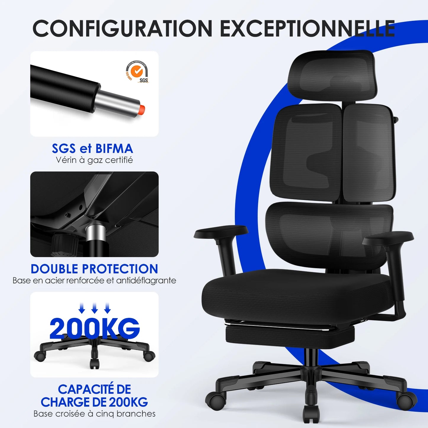AUTHMIC Premium Ergonomischer Bürostuhl mit 6D-verstellbaren Armlehnen, 3D-Kopfstütze, 3-Zonen-Rückenlehne, 200 kg Tragkraft, Liegestuhl 90 ° -160 °