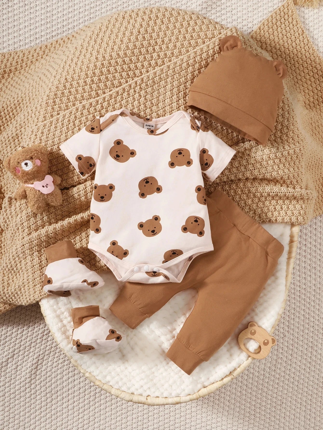 4PCS Clothing Set 0-9 Months Newborn Baby Boy Bear Short Sleeve Romper+Pants+Hat+Sock Infant Baby Full Moon Photography Outfits.