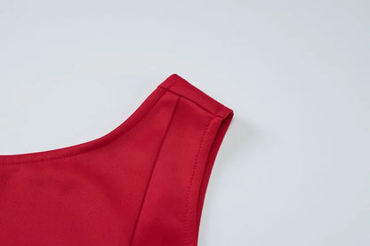 DGLUKE Elegantes rotes Minikleid für Damen, U-Boot-Ausschnitt, ärmellos, hohe Taille, A-Linien-Kleid, rückenfrei, plissiert, kurze Abschlussball-Party-Kleider.