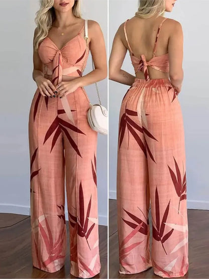 Elegant Two Piece Outfits For Women 2025 Sexy V-Neck Strap Backless Lace-up Slim Crop Top & Wide Leg Pants Sets Summer Lady Suit.