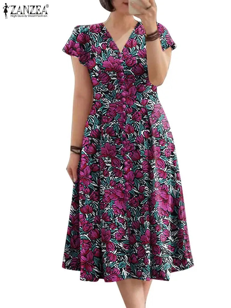 ZANZEA Elegante Frauen Floral Print Midi Kleid Sommer 2025, Casual Rüschen Kurzarm V-ausschnitt Vestidos Mode Cinched Taille Roben