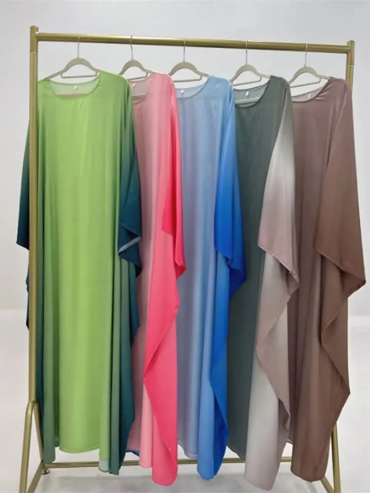 Gradient Batwing Butterfly Sleeve Satin Abaya Dubai Luxury Muslim Kaftan Dress For Women Kebaya Caftan Marocain Femme Vestidos.
