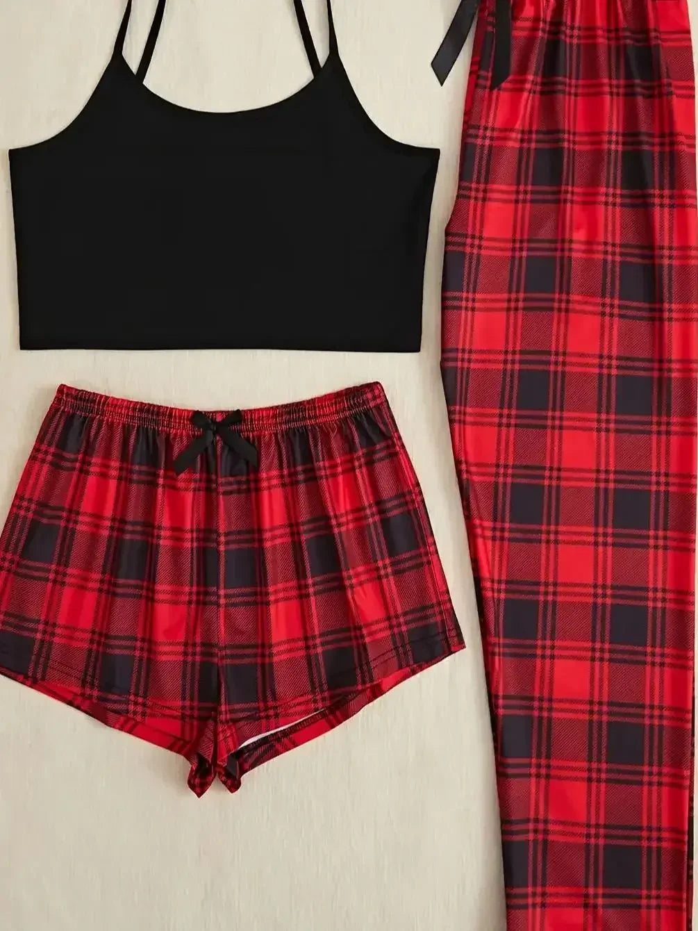 Großhandel Hosenträger Shorts Hosen Dreiteilige Mode Lässig Fliege Hause Tragen Set Frauen Casual Pyjamas Set.