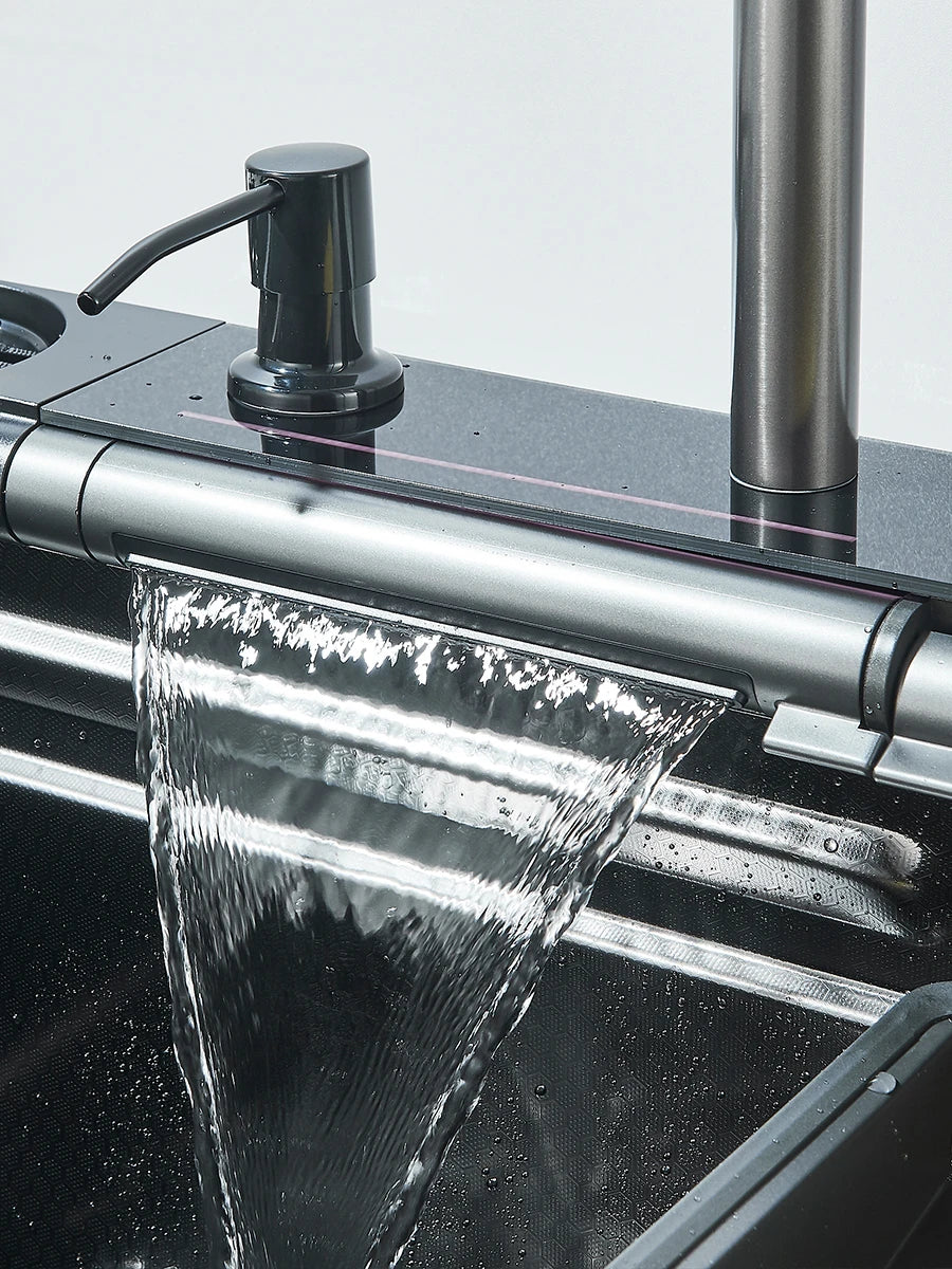 Küchenspüle aus Edelstahl 304, doppelter Wasserfall, Einzelschlitz, integrierte Digitalanzeige, Wasserhahn-Set, Seifenspender, Tassenwascher