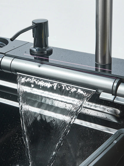 Küchenspüle aus Edelstahl 304, doppelter Wasserfall, Einzelschlitz, integrierte Digitalanzeige, Wasserhahn-Set, Seifenspender, Tassenwascher