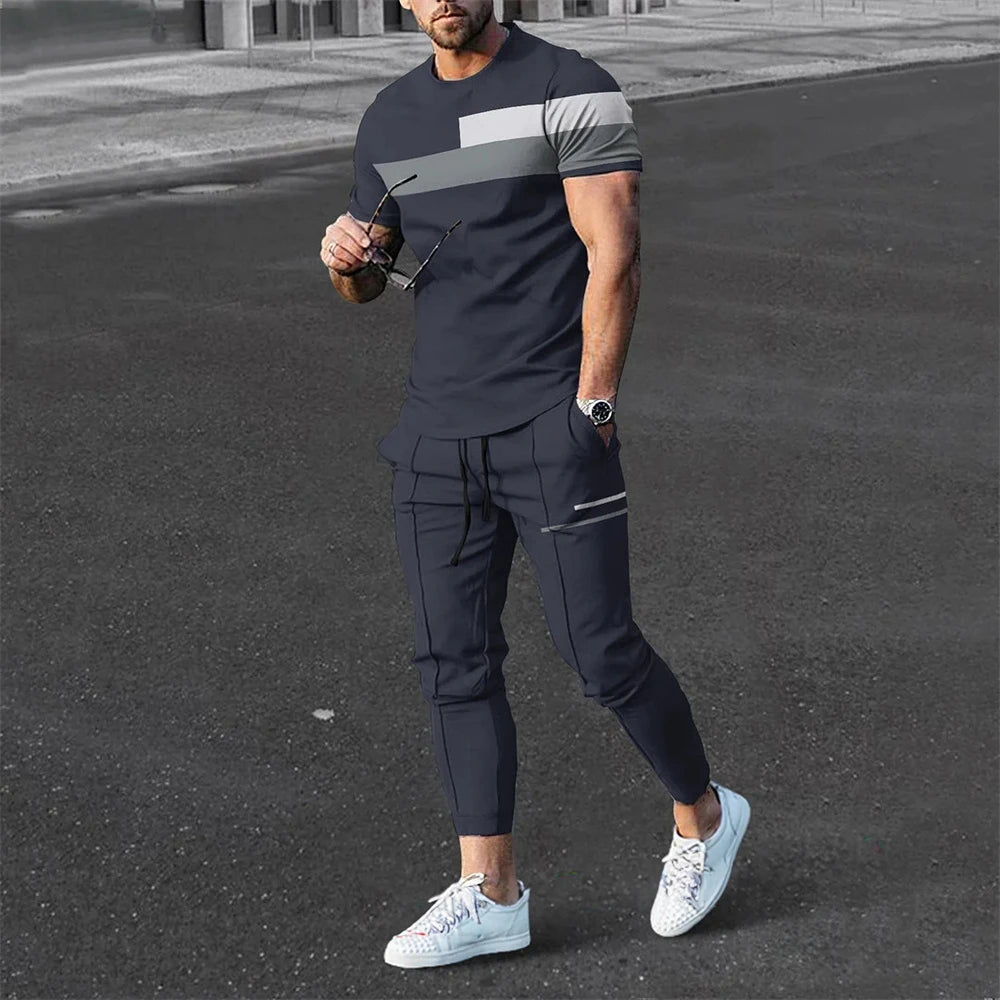 Men's T-Shirt Tracksuit 2 Piece Set Short Sleeve Sportswear Suits Fashion Men's Clothing Trousers Casual O-Neck Tops Pants Suits