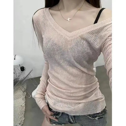 Frauen T-shirt Sexy V-ausschnitt Casual Langarm Slim Fit Shirts Dünne Transparente Gestrickte Top Weibliche Y2k Trendy Dünne Pullover