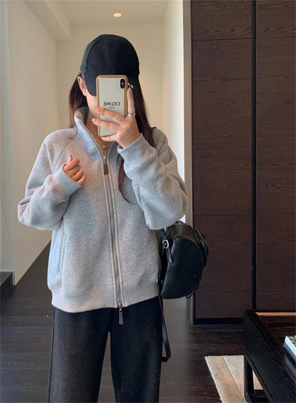 Women Autumn Winter Sweatshirt Coat Zip Up Solid Long Sleeve Stand Neck Jacket Lady Fashion Casual Street Vintage Coats Outwear