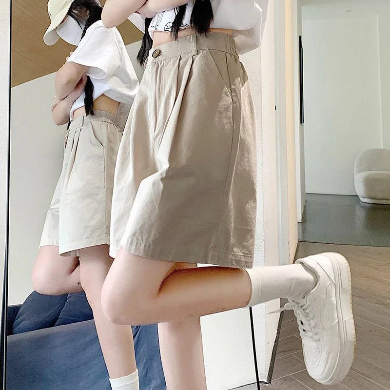 2025 Summer Women Casual Daily Khaki Short Pants Female High Waisted Cargo Shorts Girls Retro Baggy Wide Leg Slacks.