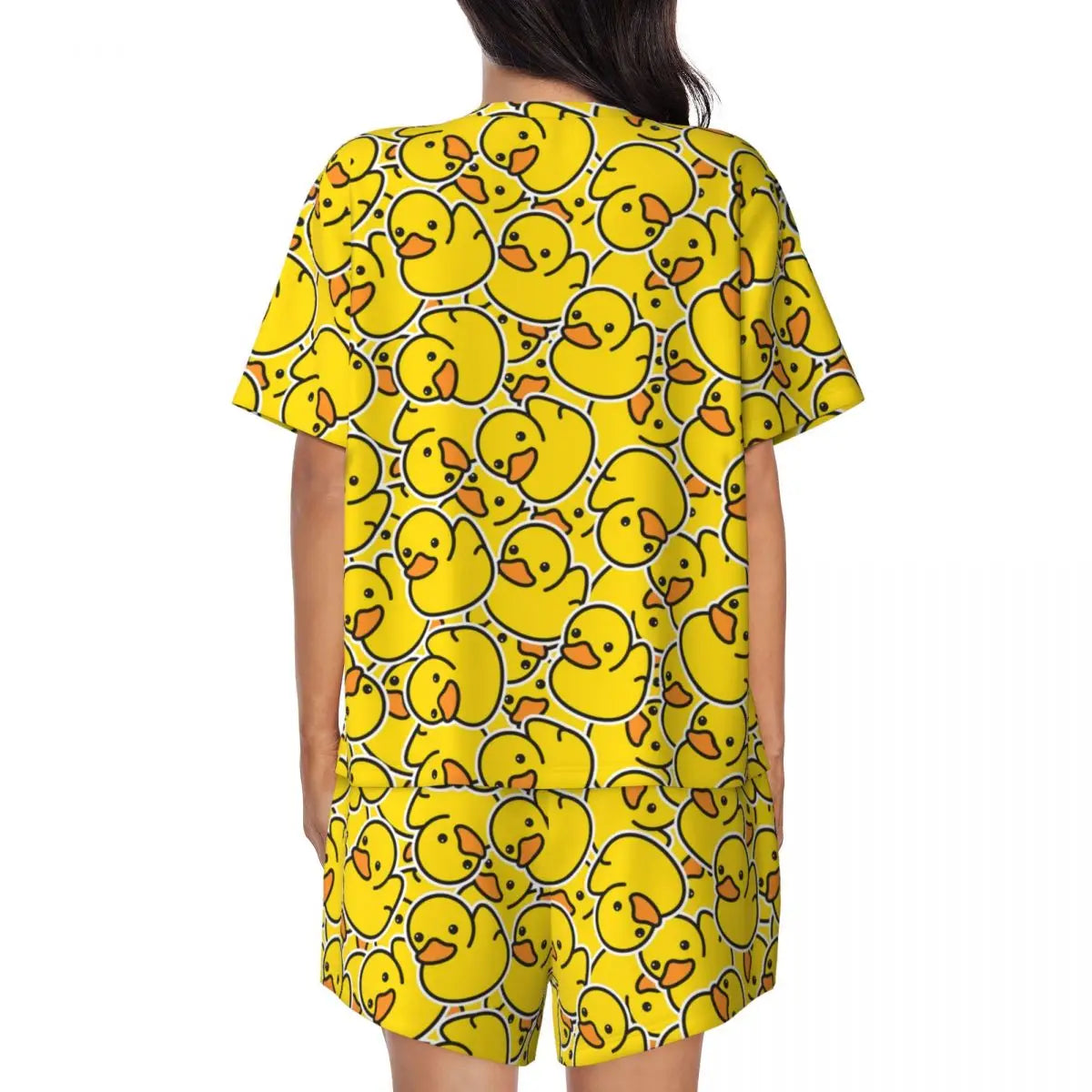 Benutzerdefinierte Frauen Gelb Klassische Gummi Ente Pyjamas Set Gedruckt Zwei-stück Pj Sets Kurzarm Nachtwäsche Loungewear.