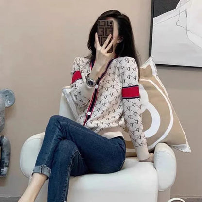 Women Knitwear Fashion Letter Jacquard Thin Cardigan Spring Slim Y2K V-neck Long Sleeve Tops Commute Vintage Sweaters.
