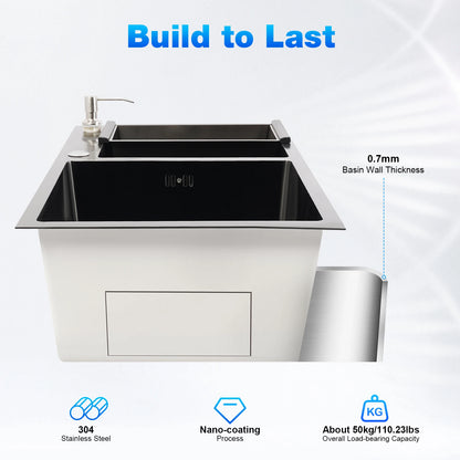 Drop-In-Küchenspüle mit Doppelschüssel, 78 x 43 x 22 cm, Nano-beschichtetes Edelstahl-Küchenspülbecken mit Seifenspender/Abflussset/Überlauf