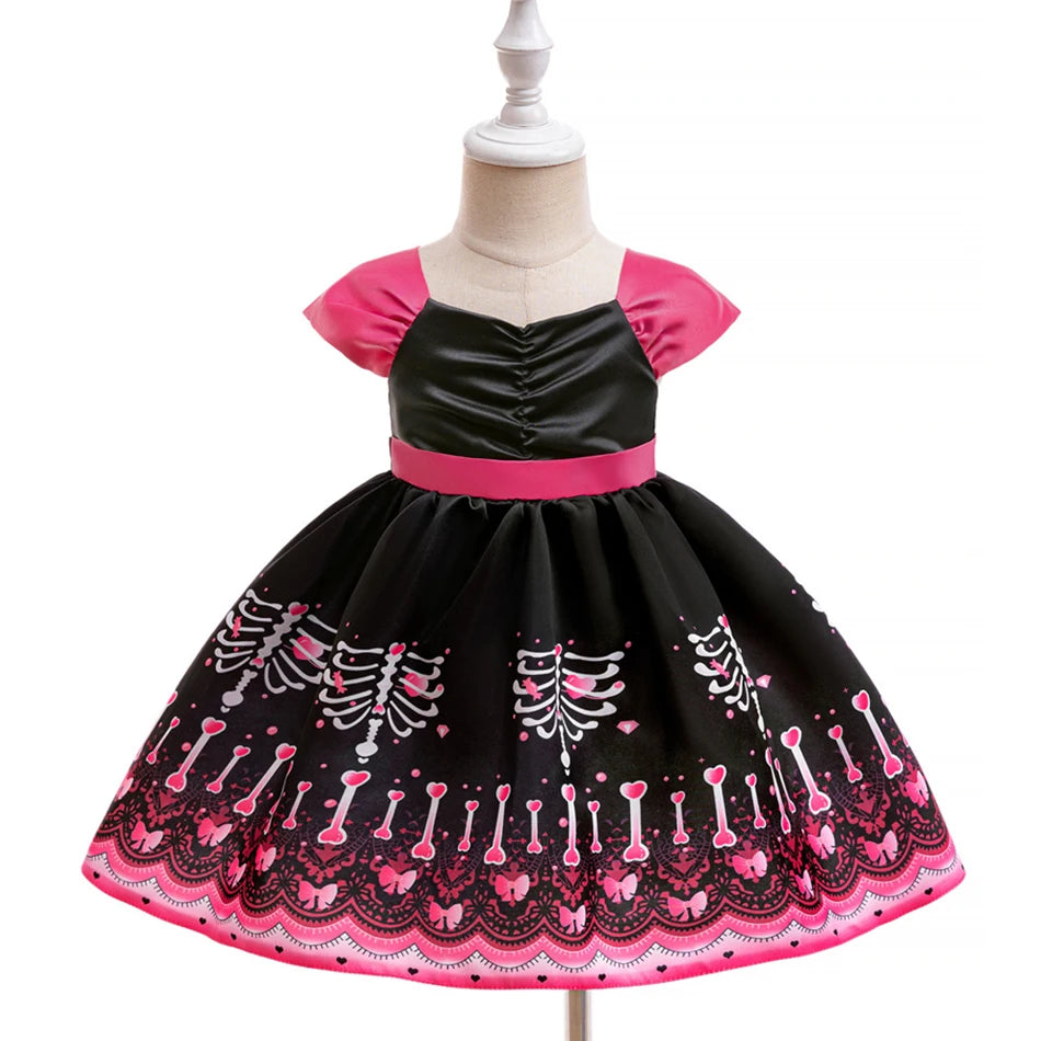 Kleinkind Halloween Kostüm Mädchen Cosplay Hexe Kürbis Skelett Druck Bowknot Kleid Kinder Festival Party Performance Kleidung
