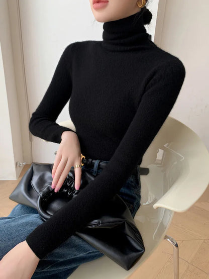 2025 herbst Winter Rollkragen Warme Jumper Lässig Feste Dünne Strickjacke Frauen Langarm Gestrickte Pullover Einfache Basis Schicht Top